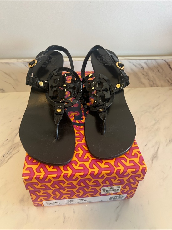 Tory Burch Shoes - Tory Burch holly black Logo-Sandals with 2 inch heel and Gold Accents